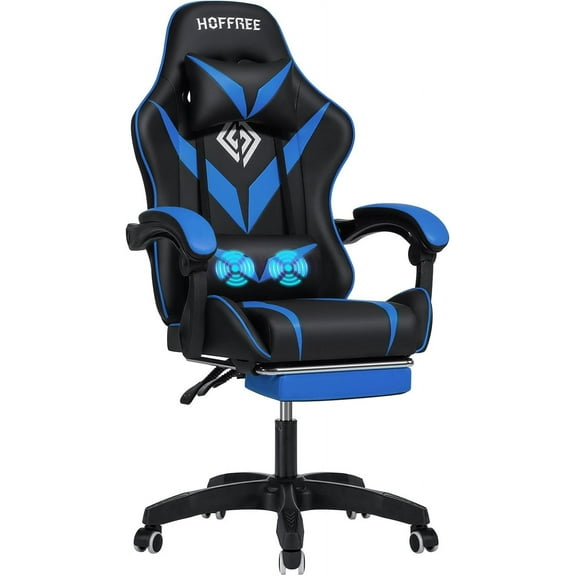 HOFFREE Massage Gaming Chair for Kids Computer Gamer Chair with Footrest and Lumbar Support Reclining PC Game Chair with Headrest for Gaming Room Blue and Black