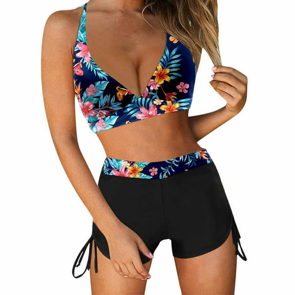 Push Up Swimsuit for Women Halter Two Piece Swimwear Set Retro Bikini Top Boxer Shorts Drawstring Beach Bathing Suit, Blue, M