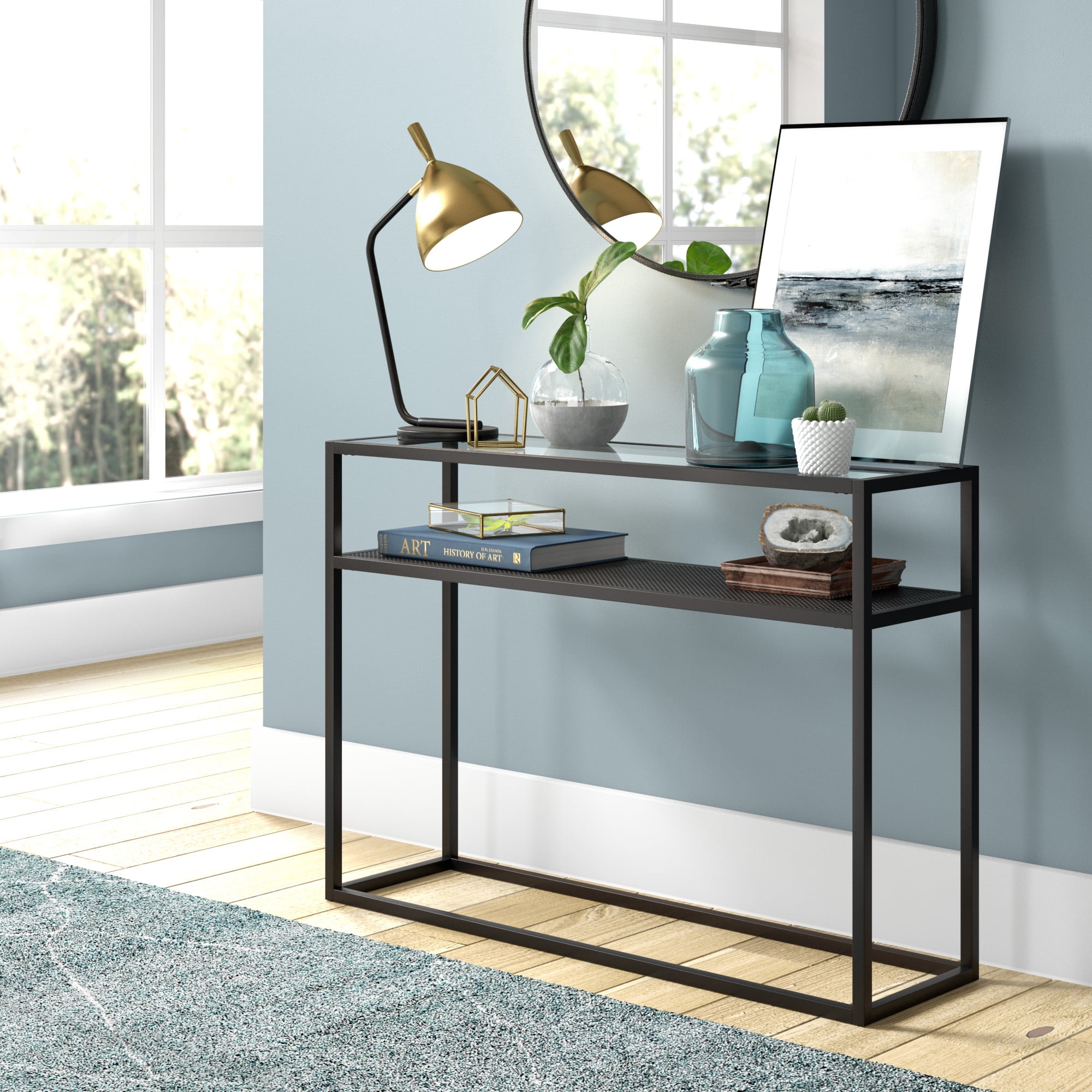 Evelyn&Zoe Nellie 42" Wide Rectangular Console Table with Metal Mesh Shelf, Blackened Bronze