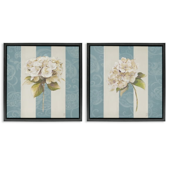 Stupell Industries Hydrangeas on Blue Strips Floral & Botanical Painting Black Floater Framed Canvas Art Print Wall Art, 18 x 18, Set of 2