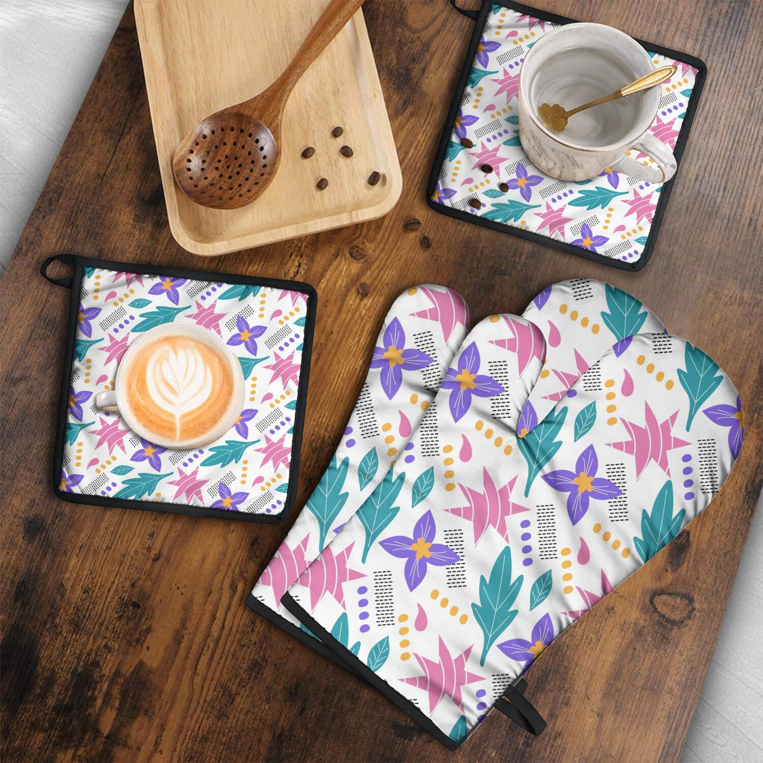 Floral Pattern Oven Mitts and Pot Holders Set Of 4, Heat Resistant Kitchen Gloves with Non-Slip Grip, Hanging Loop, Soft Cotton Lining for Baking, Cooking, Grilling, Barbecue