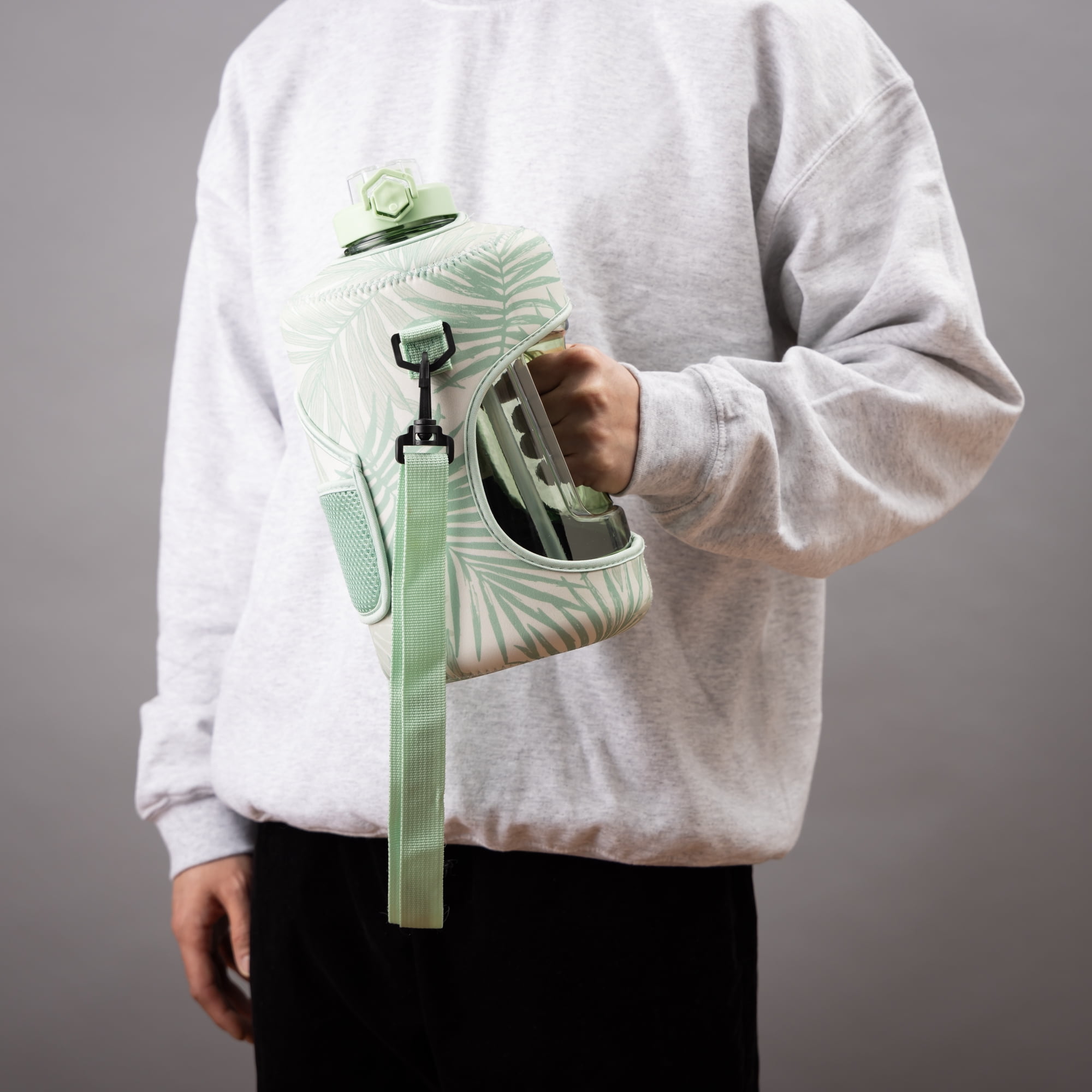 TAL Motivational Gallon Jug Water Bottle with Handle, Push Button Lid & Straw, Neoprene Sleeve, Easy-Carry Strap, Green Palms