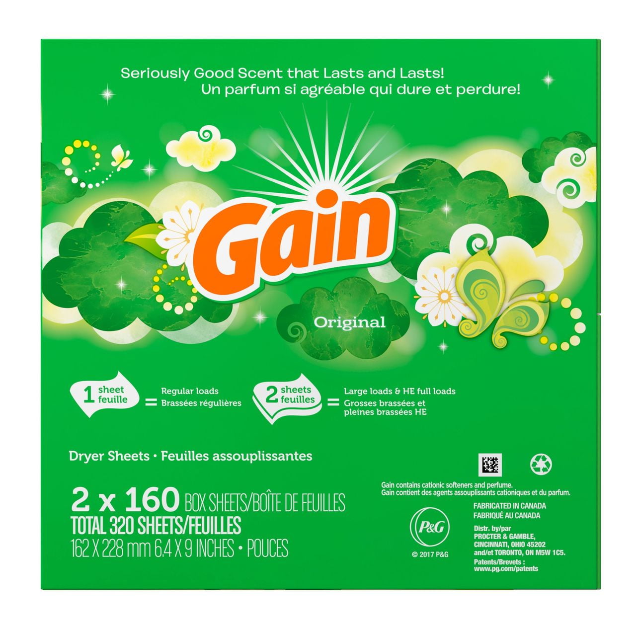 Gain Original Scent Dryer Sheets 2 Pack.160 Count.