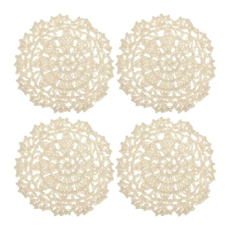 Fabric Coasters, 4pack 4" - Cotton Woven Crochet Doilies, Lace Embroidery Cup Mat with Floral Pattern (Beige)