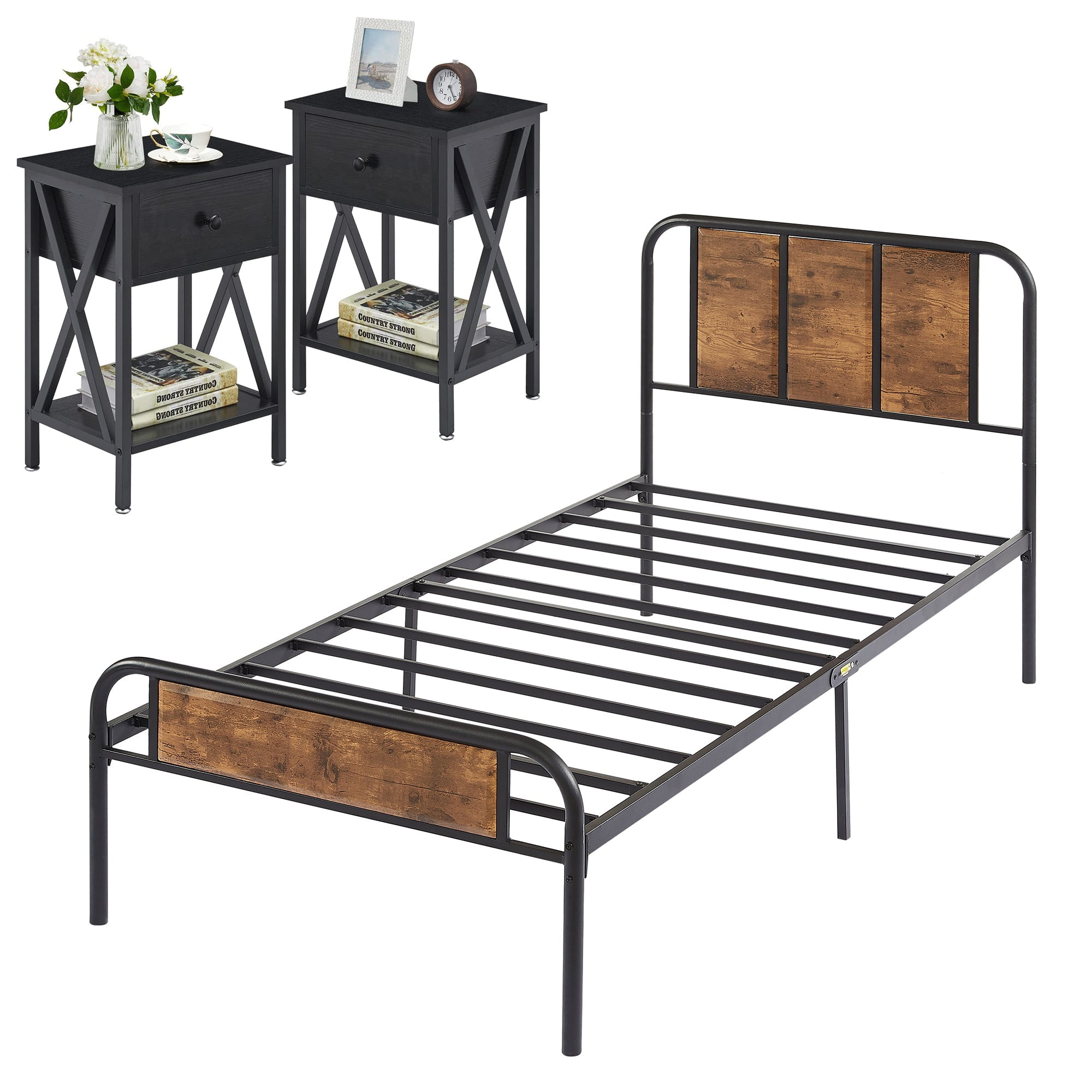3Piece Bedroom Size with Twin Platform Bed Frame and 2 Black Nightstands