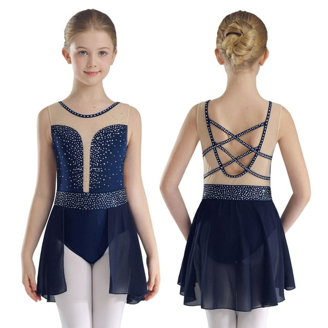 Sxiwei Justaucorps de Gymnastique pour Filles Patchwork en Maille avec Strass Brillant Robe de Danse Ballet Performance Bleu Marine 8