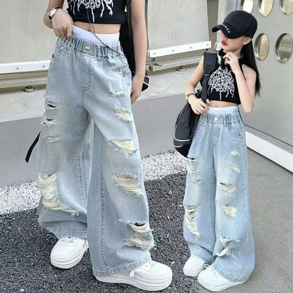SNKSDGM Pants for Girls 4T Girls Fashion Cute Personality Pants Elastic Waist Wide Leg Jeans Casual Demin Pants with Pockets 11-12 Years