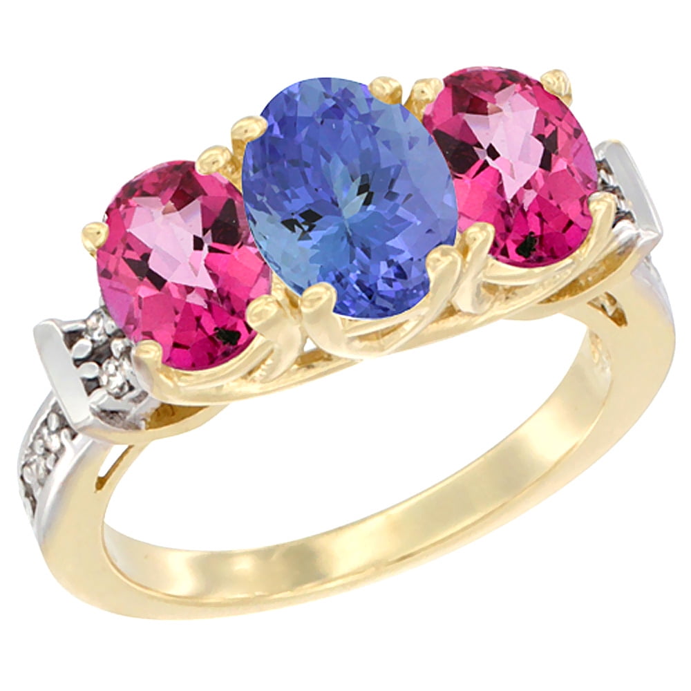 14K Yellow Gold Natural Tanzanite & Pink Topaz Sides Ring 3-Stone Oval Diamond Accent, size 6 by Gabriella Gold