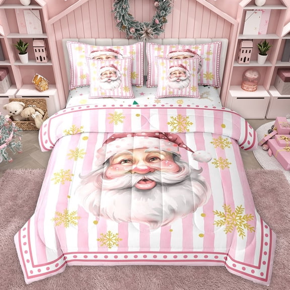 Manfei Christmas Santa Claus Twin Bedding Sets 7-Piece for Kids Children,Xmas Golden Snowflakes Bedding Comforter Set Microfiber,Geometric Stripes Breathable Sheet Sets,Lightweight Room Decor