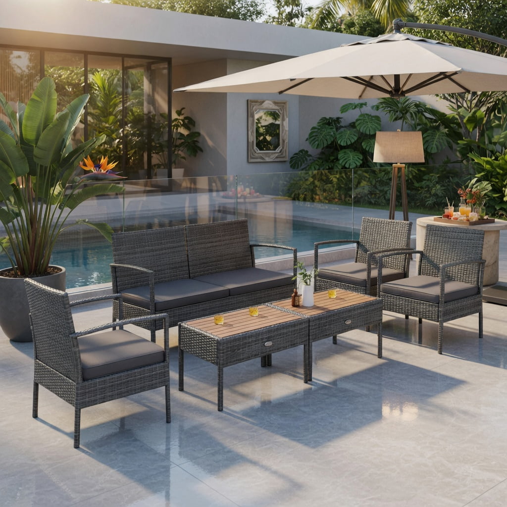 Hommoo 4-Piece Outdoor Patio Furniture Set, Steel Glider Loveseat, Tempered Glass Coffee Table + 2 Spring Rocking Dining Chairs for Backyard, Poolside & Garden, Brown