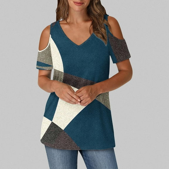 Babysbule Women's Color Block Printed V-Neck Off Shoulder Top Short Sleeve Casual Blouse Fashion Comfy Summer T-Shirt