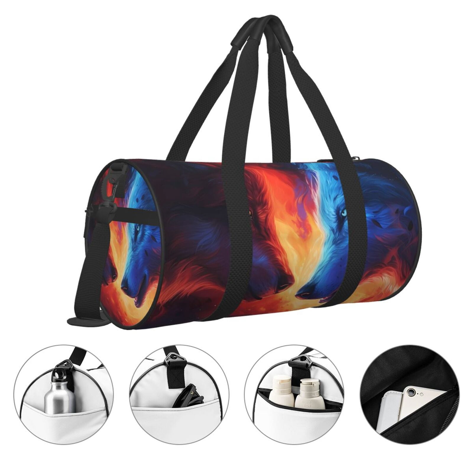 Horeoi Wolf Print Foldable Travel Duffle Bag with Removable Strap - Water-Resistant Gym Vacation Luggage Multi-Pocket Design