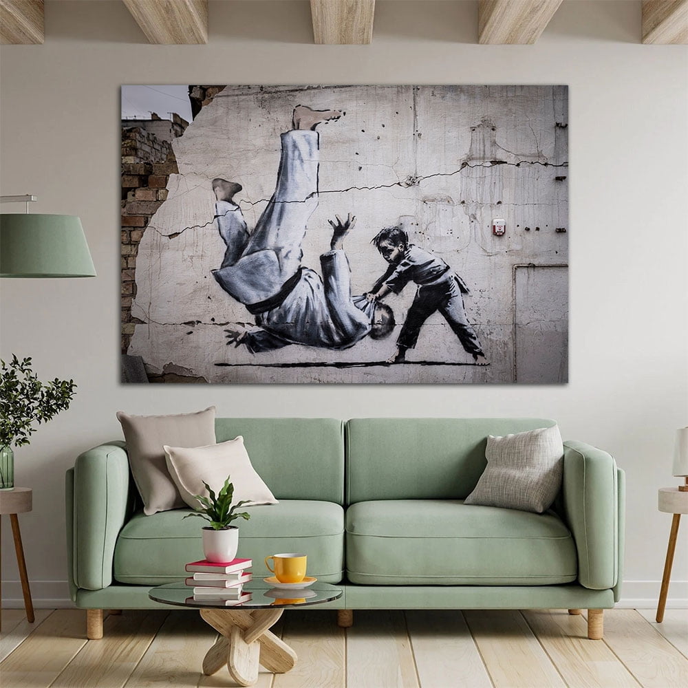 Banksy Judoka 3D Canvas, Handmade Gift, Painting Poster, Judoka Graffiti Wall Hanging, Banksy Boy Art Canvas, 8D Canvas, Decor Canvas(40" W x 30" H，Framed)