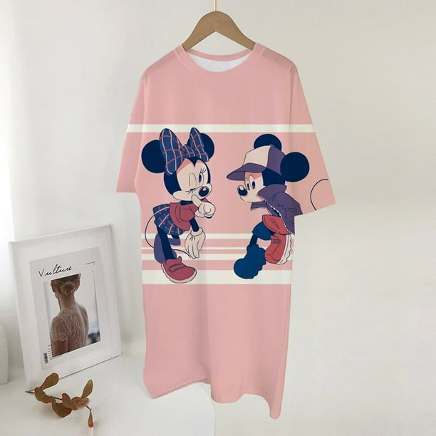 2022 Disney Minnie Mickey Mouse Print Short-sleeve Dress Fashion Loose Plus Size Mid-length Kawaii Summer Thin T-shirt DressXXL Gao Jinjia LED