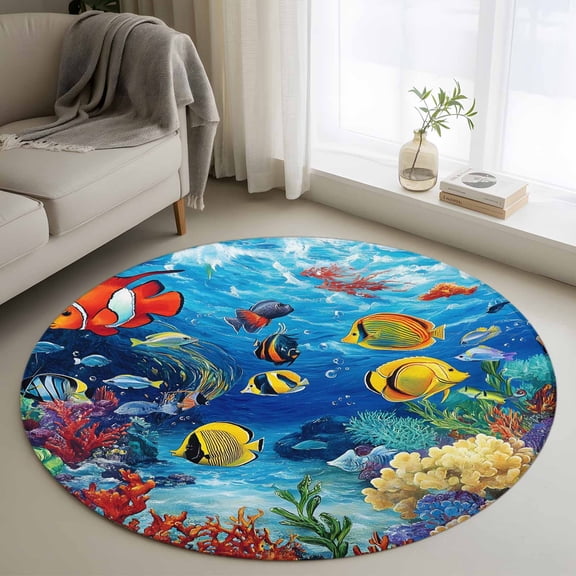 Cartoon Fish Round Area Rug 3 FT, Small Kitchen Bathroom Mats, Blue Colorful Sea Ocean Seagrass Coral Washable Indoor Outdoor Throw Runner Carpet Non-Shedding Doormat for Table Shower Sofa Entryway