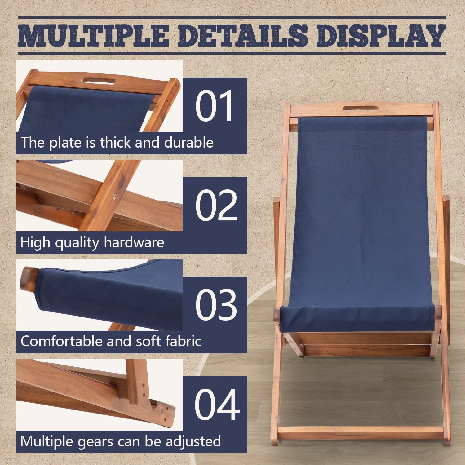Beach Sling Chair Set, Folding Adjustable Frame Patio Lounge Chair Set of 2 Outdoor Solid Wood Frame Portable Reclining Beach Chair with White Polyester Canvas 3 Level for Beach Swimming Pool - image 4 of 7