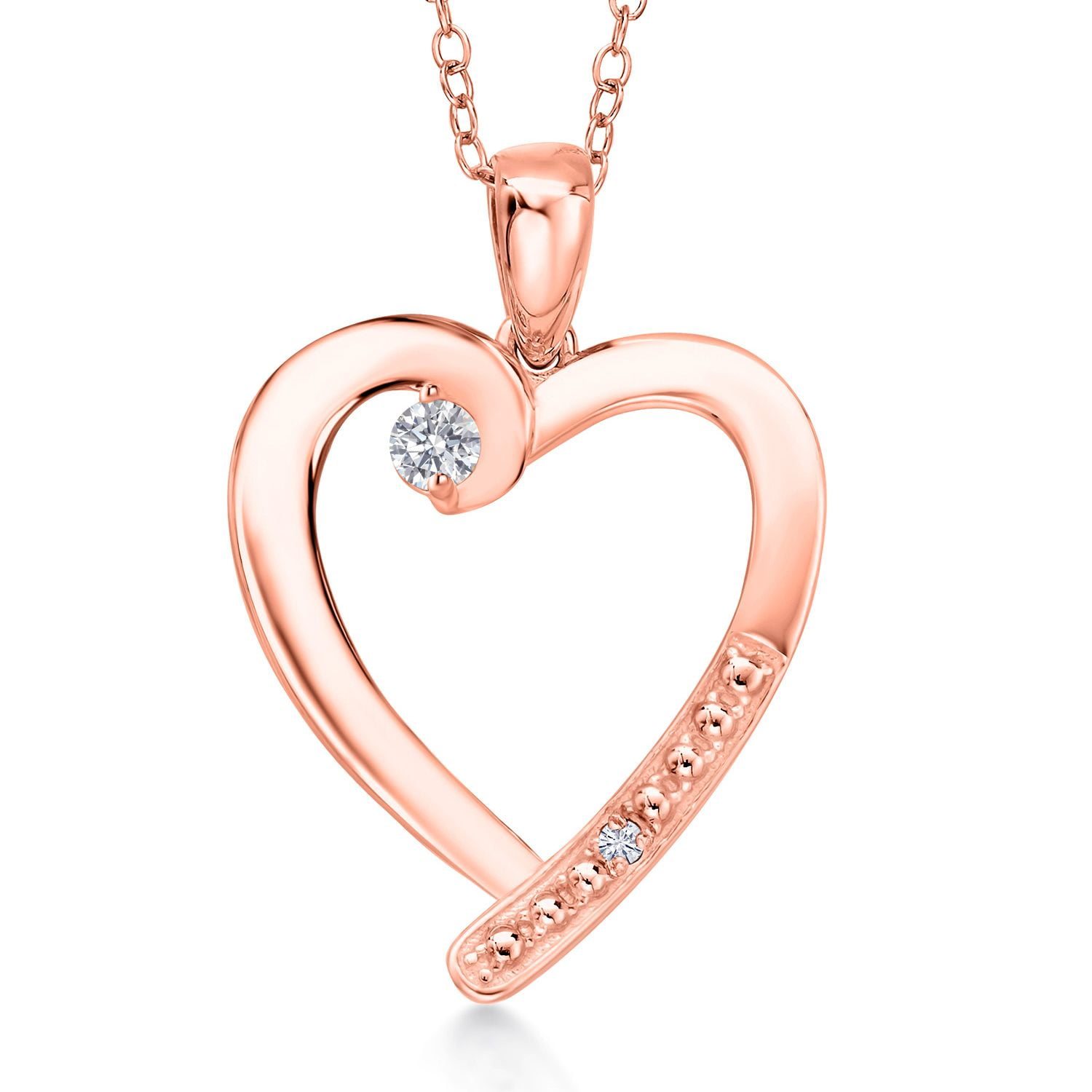 Gem Stone King 18K Rose Gold Plated Silver Lab Grown Diamond and White Moissanite Heart Pendant Necklace for Women | 0.19 Cttw | Gemstone April Birthstone | Round 3.5MM | With 18 inch Chain