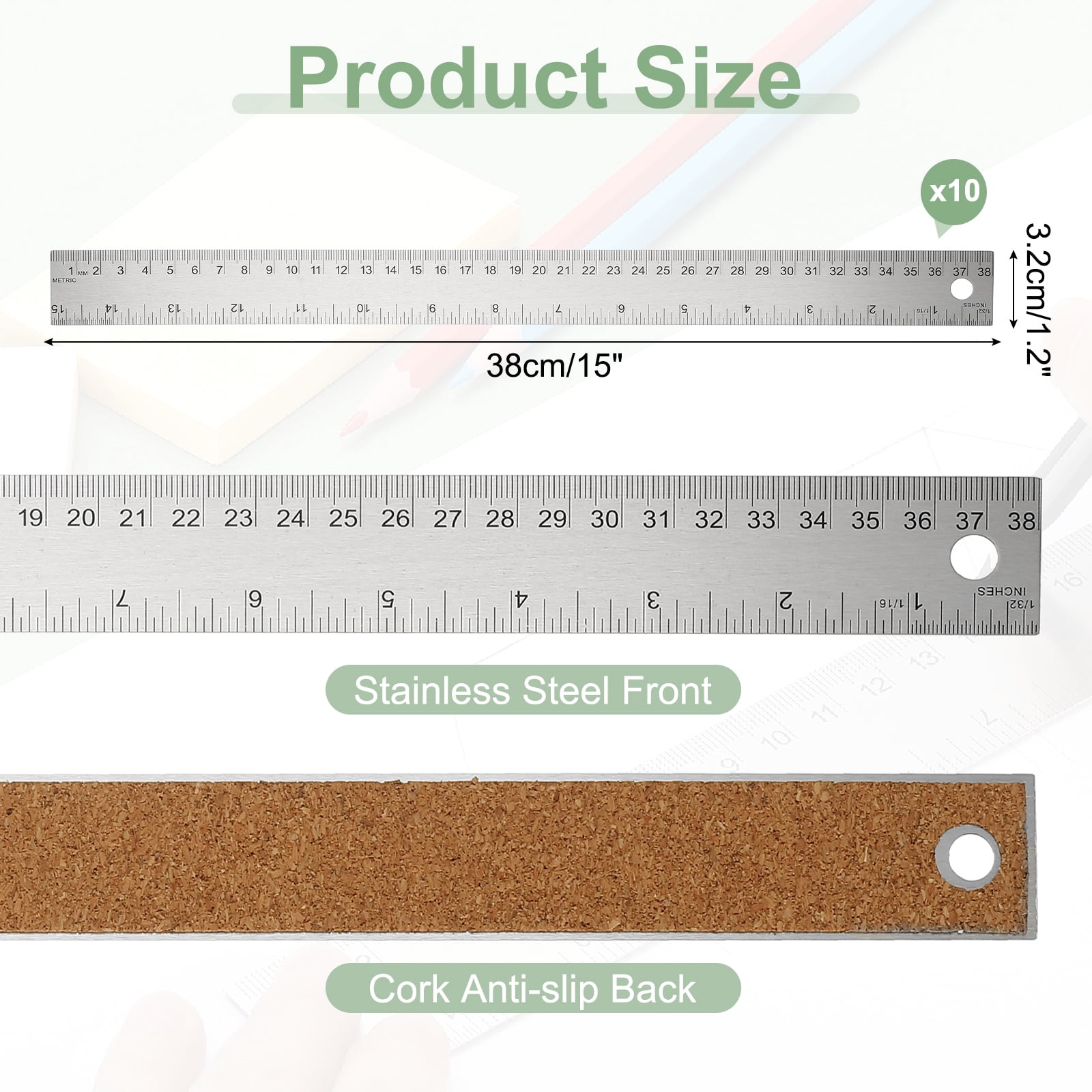 Stainless Steel Ruler Cork Backed, 10Pcs 15 Inch Straight Edge Ruler Non-Slip Cork Backing with Inch and Centimeter Scale for Office Engineering Drawing