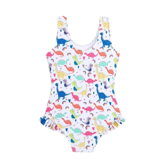 Tiijoy Girls Cartoon Dinosaur Ruffle One-Piece Swimsuit UPF 50 Bathing Suit, Sizes 4-9