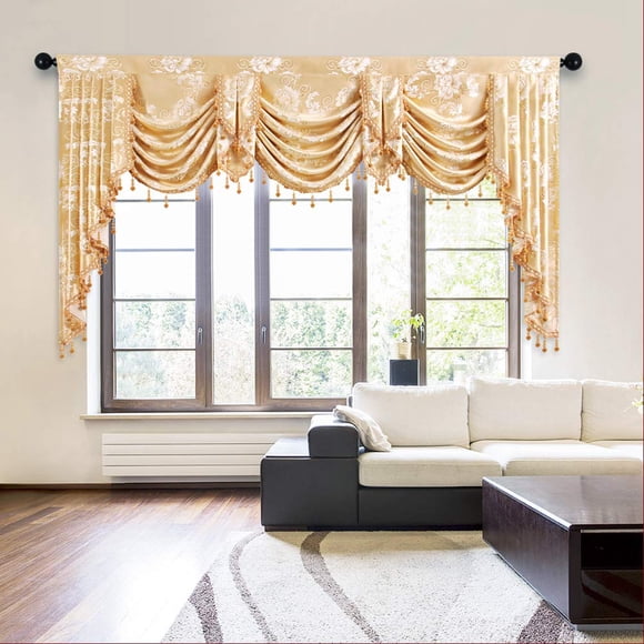 ELKCA Golden Jacquard Swag Waterfall Valance for Living Room Floral Curtain Valance for Bedroom (Floral-Golden, W98 Inch, 1 Panel)