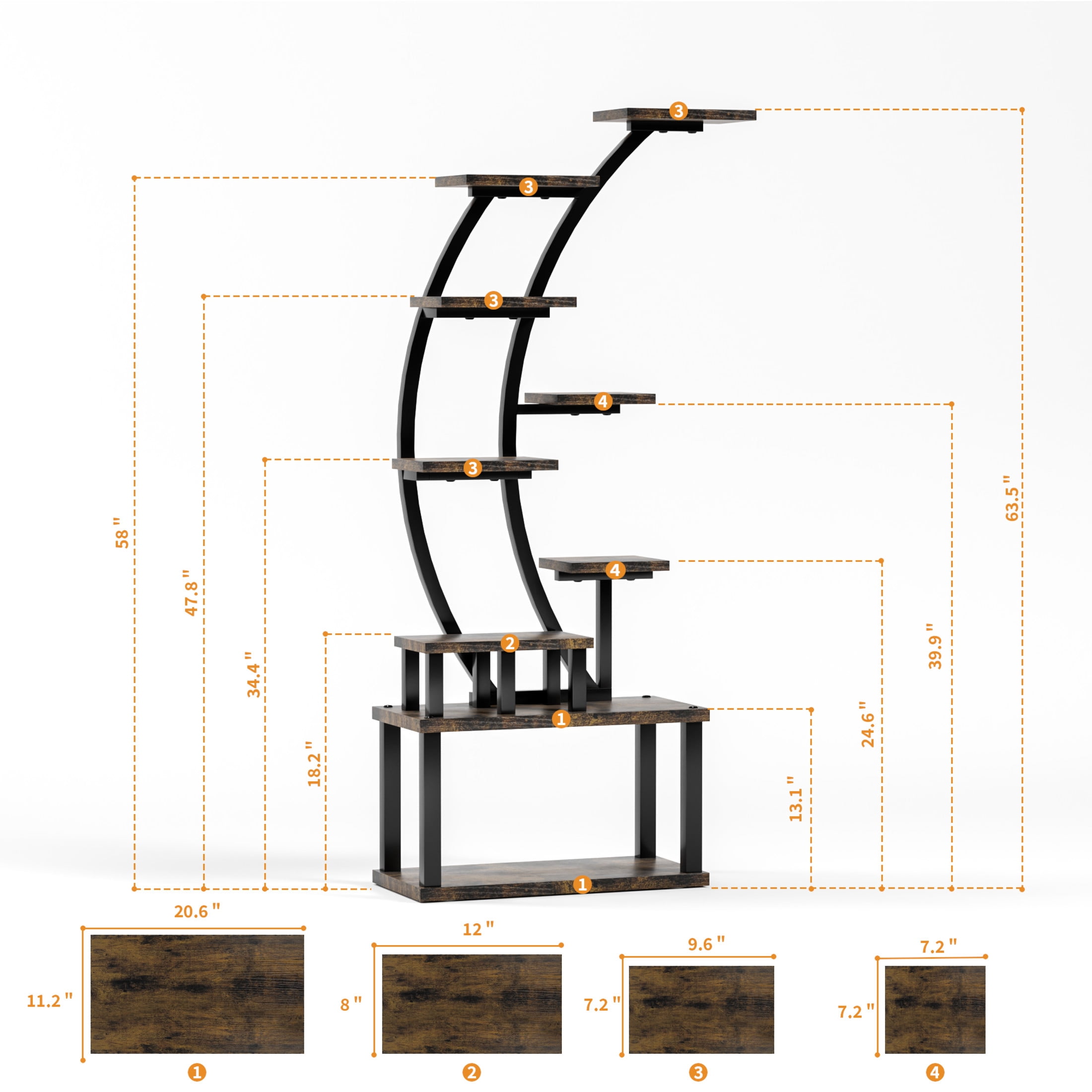 Noble House 64" 9-Tier Half-Moon Indoor Plant Stand, Wood Multi-Plant Display Rack with 5 Grow Lights, Rustic Brown