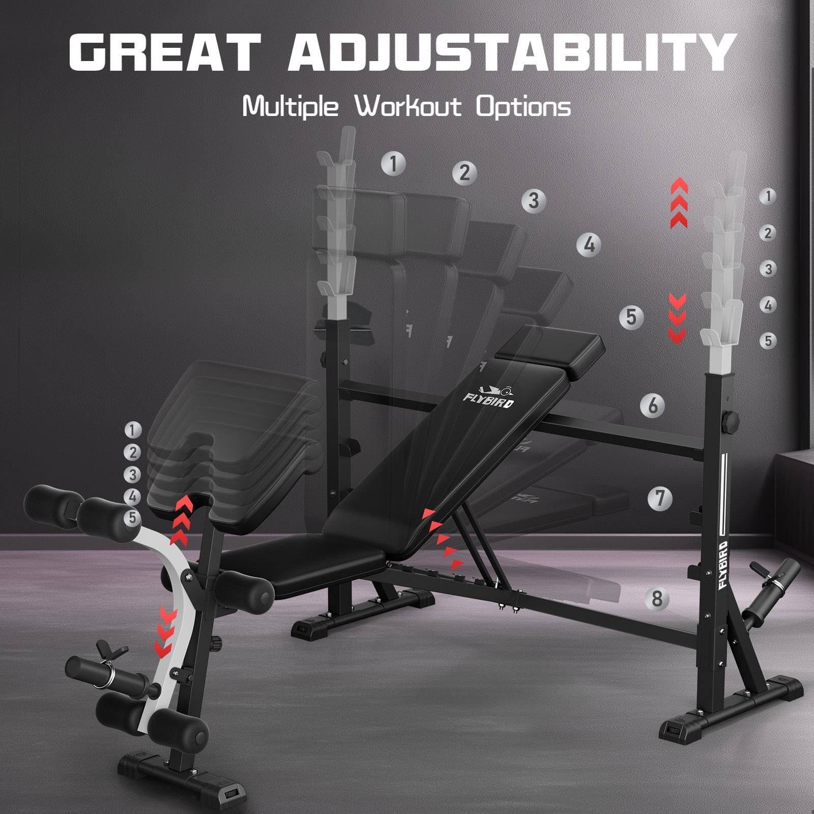 FLYBIRD Olympic Weight Bench - Adjustable Press with Rack, Leg Developer & Preacher Curl (1000Lbs/2025)