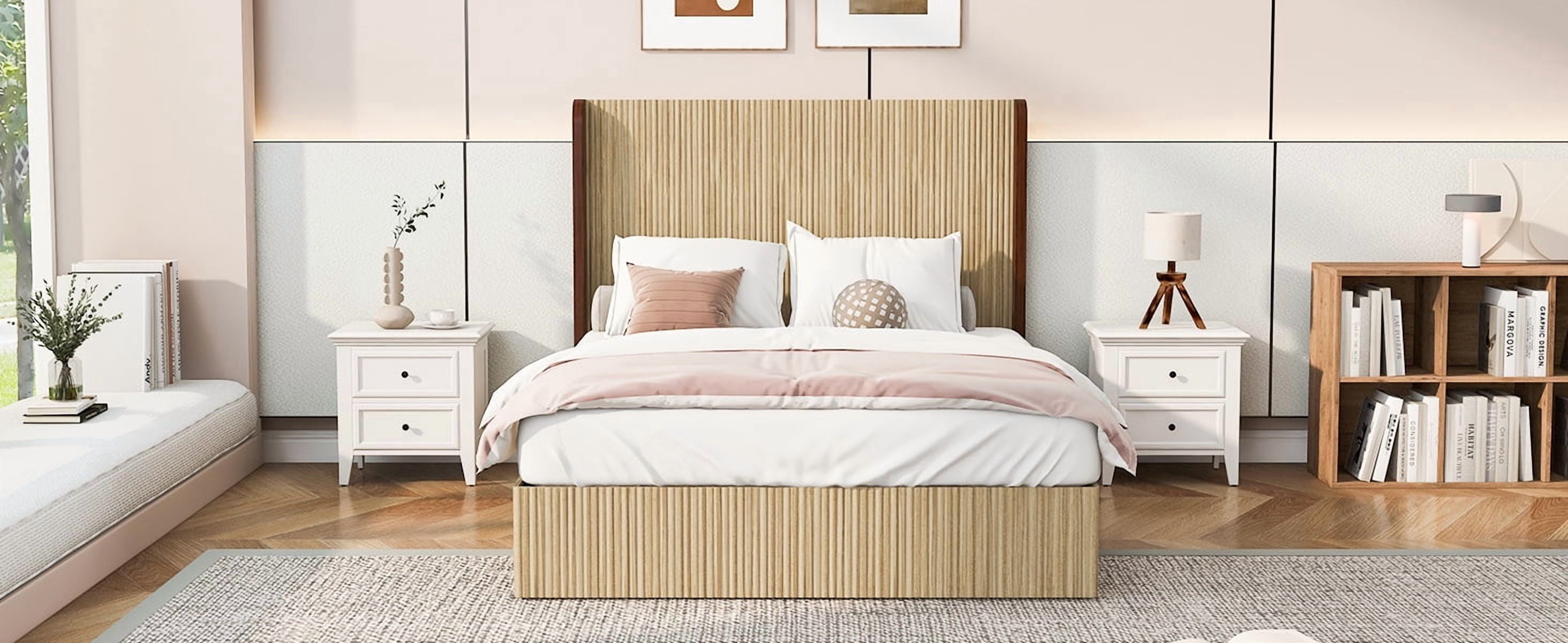 Mintazer Queen Size Vertical Fluted Platform Bed with Tall Wing Headboard, Low Profile Platform for Bedroom & Guest Room, No Box Spring Needed, Natural
