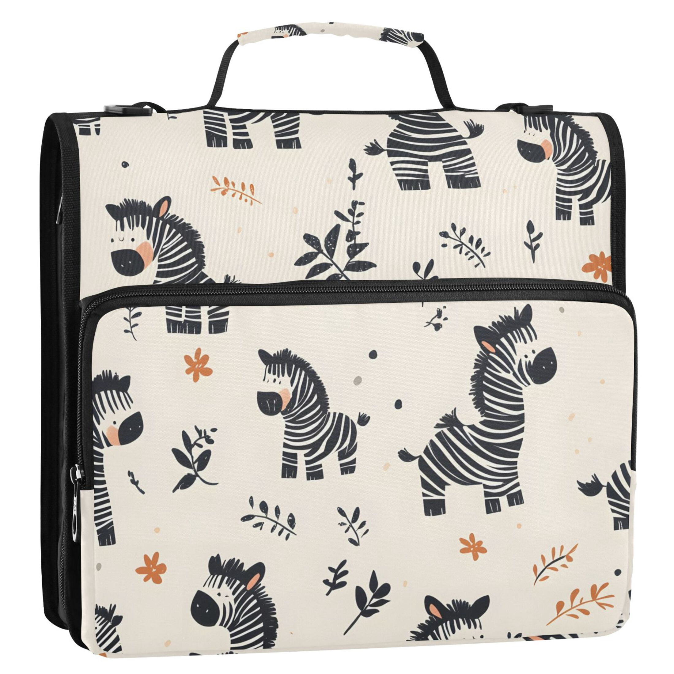 3 Ring Zipper Binder with Shoulder Strap Waterproof Trapper Keeper 2 Inch D-Ring 500 Sheets Capacity Cartoon Zebras and Leaf