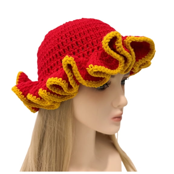 Handmade Crochet Hat Cute Bucket Hat for Women Boho Multicolor Ruffle Brim Crochet Knit Bucket Hat