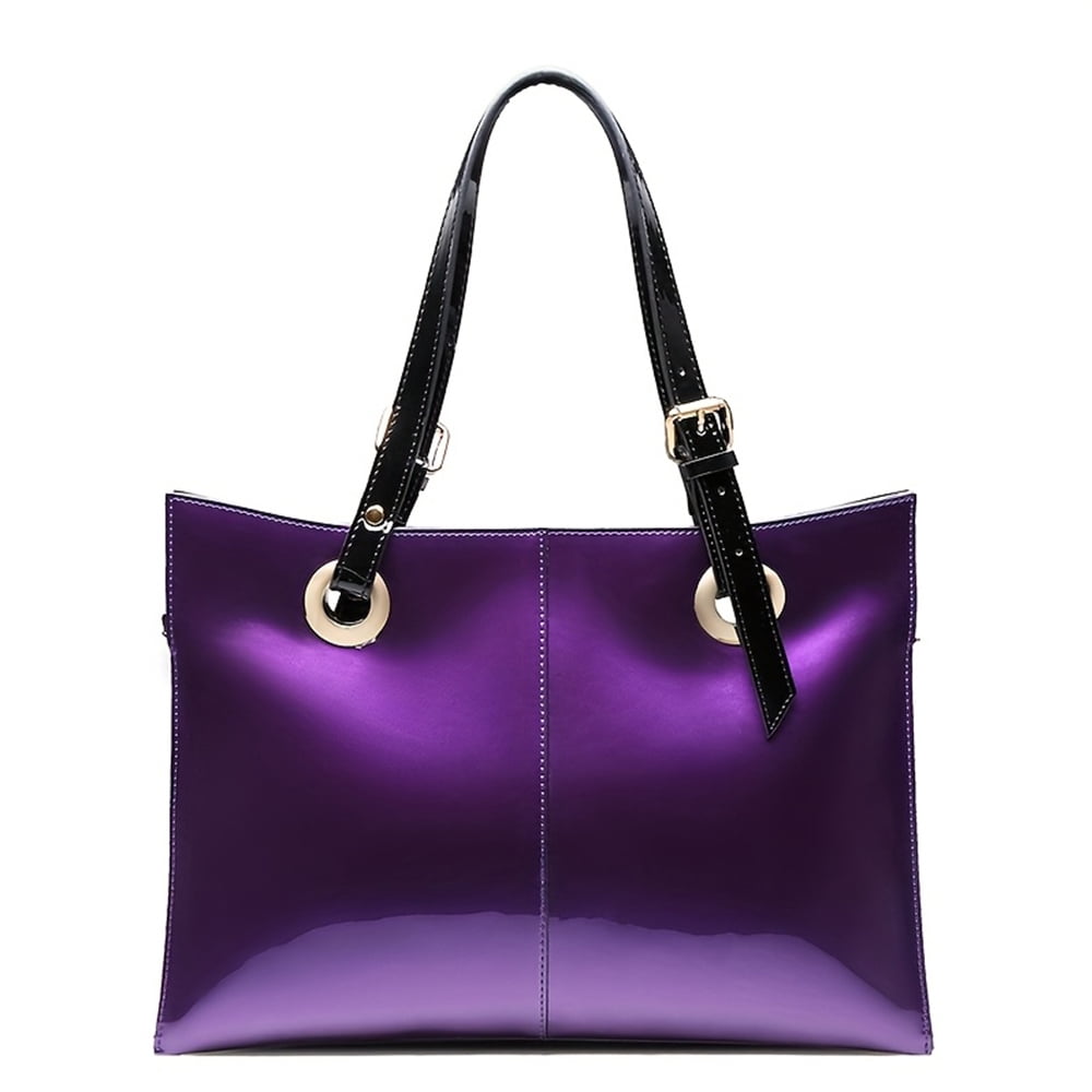 FEIMINA Patent leather Shoulder Bag,Genuine Shiny Large Leather bag,designer handbags luxury,Deep Purple Purse