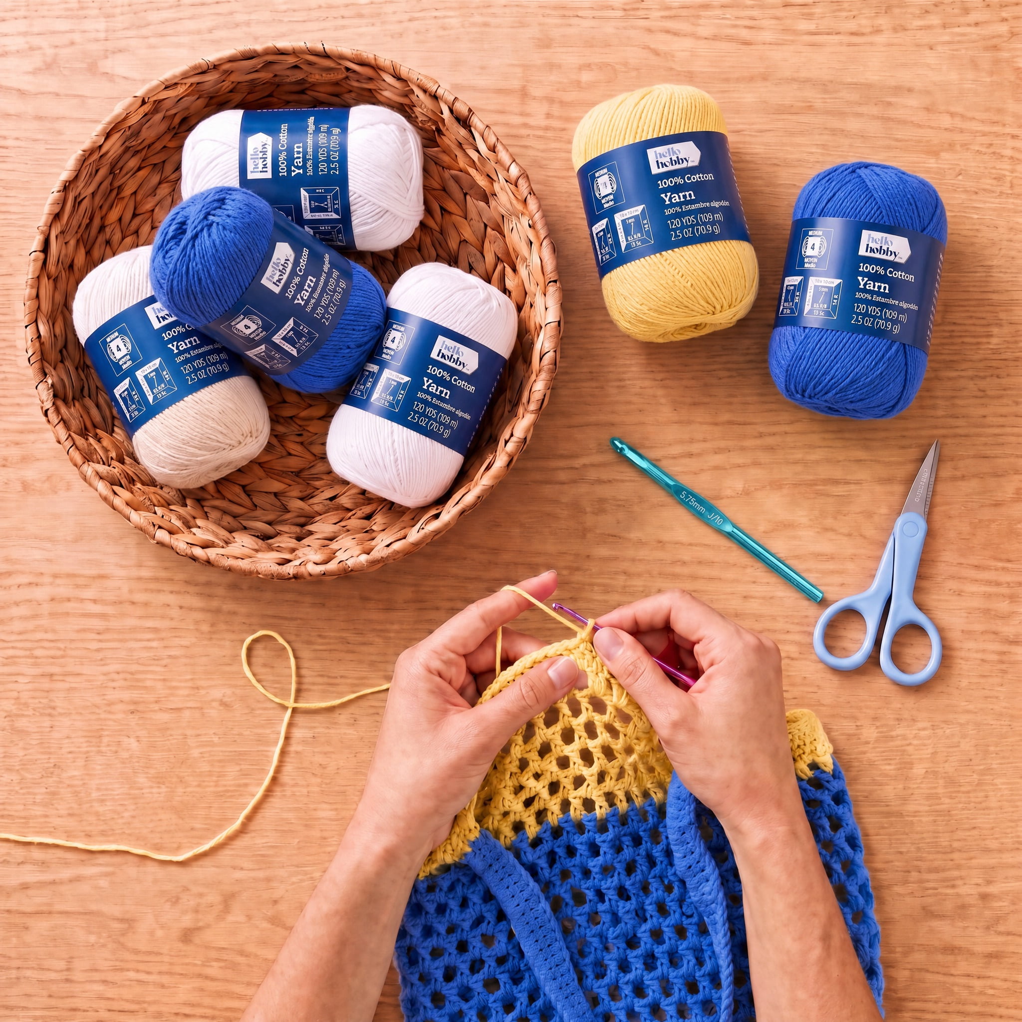 Hello Hobby Size 4 Medium Weight Cotton Sunshine Yarn, 2.5 oz, 120 yds