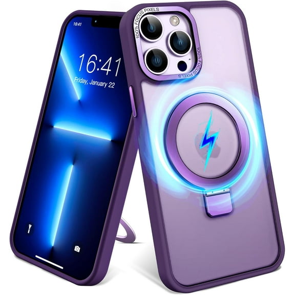 For Apple iPhone 15 6.1 inch Matte Transparent Metal Edge Camera Cover Magnetic Rind Stand Car Mount Holder Magsafe Wireless Charging Shockproof Hybrid Case Cover Purple