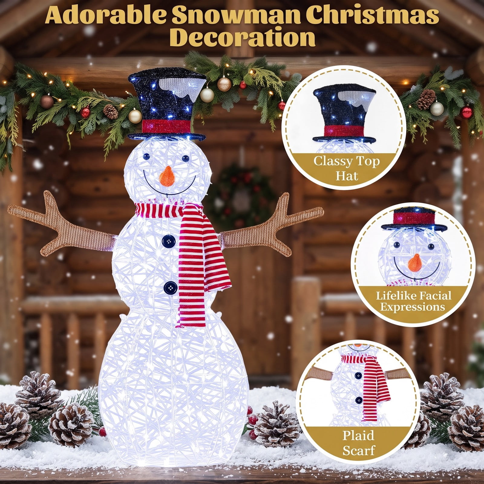 ALPULON Lighted Snowman Christmas Decoration with 80 Cold White LED Lights, Outdoor Waterproof Metal Frame Holiday Yard Decor with Ground Stakes, White