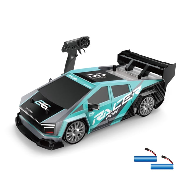 Graflsoa 1:24 Scale 2.4GHz Remote Control Tesla Drift Car with LED Lights, Dual Batteries, and Replaceable Wheels (Cyan)
