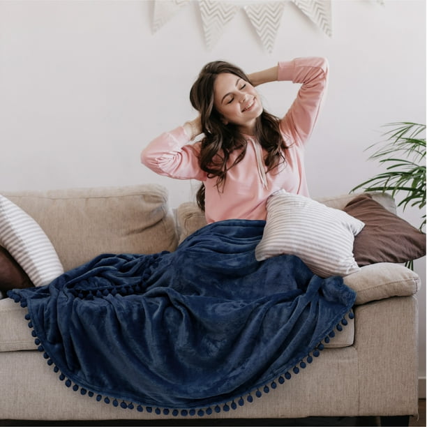 Navy throw blanket with fringe hotsell