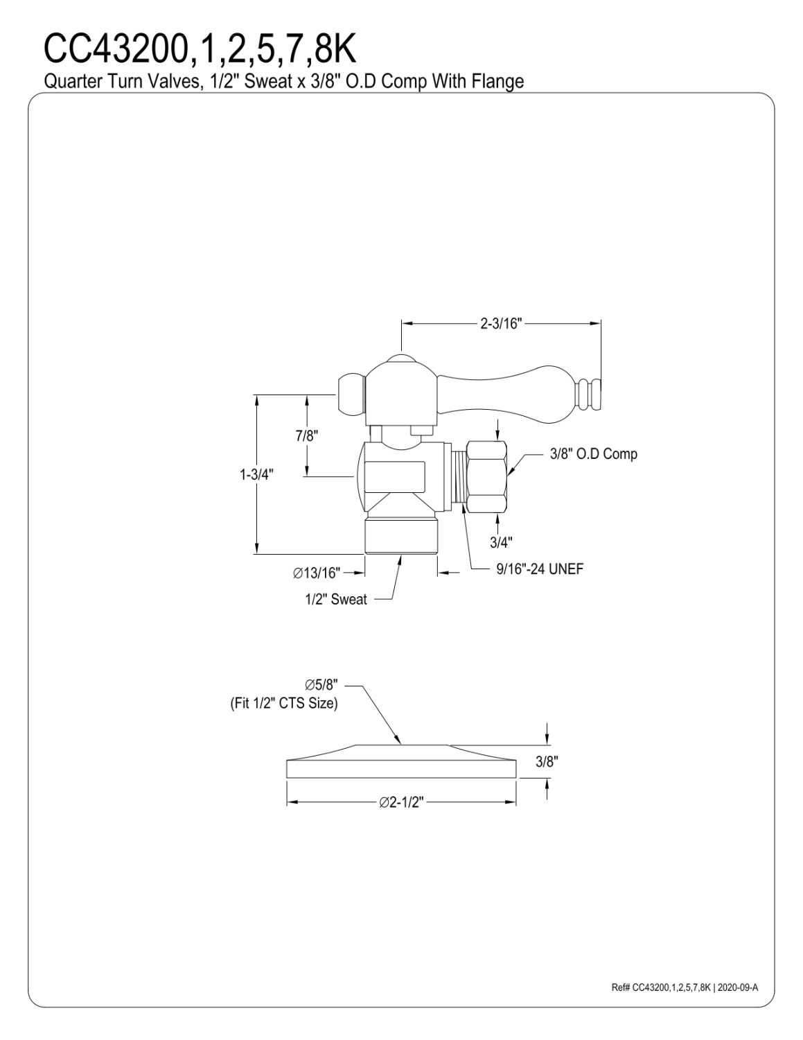 Kingston Brass CC43202K 1/2" Sweat x 3/8" OD Comp Quarter-Turn Angle Stop Valve with Flange, Polished Brass