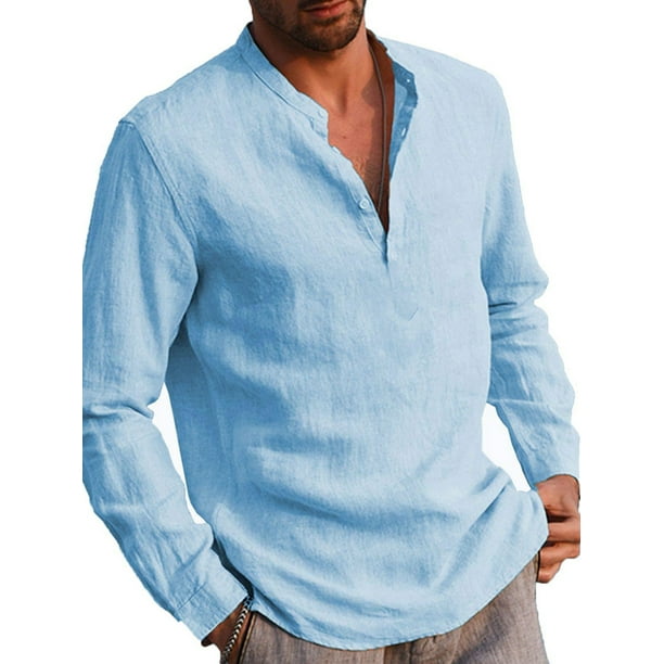 Mens Long Sleeve Button T Shirts Casual Plain Pullover Tops Loose Basic
