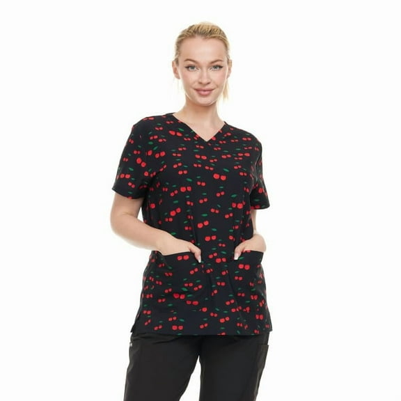 HEAL WEAR Cherry Pattern V-Neck Scrub Top Women’s Multi Pocket Spa Medical Uniform for Nurse 4-Way Stretch
