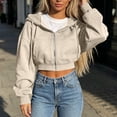 thumbnail image 5 of XRoczxe Women Solid‑Color Cropped Zip‑Up Hooded Jacket, Long Sleeve Drawstring Casual Short Hoodie Outerwear With Side Pockets, 5 of 6