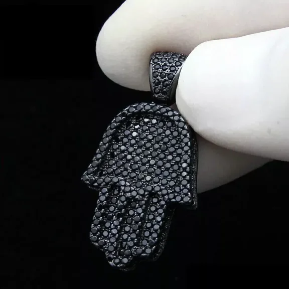 2.00Ct Round Cut Created Black Diamond 14k Black Gold Plated Hamsa Hand Pendant