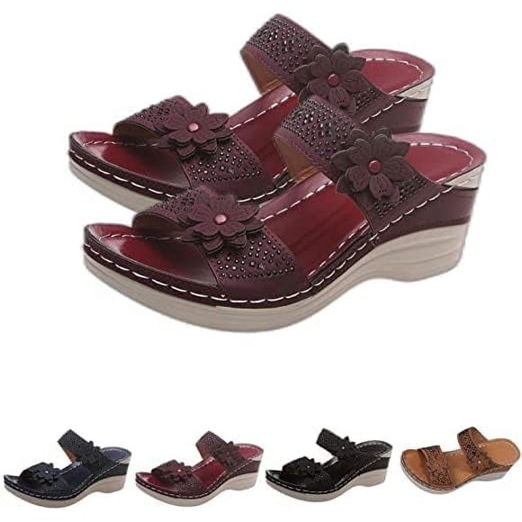 HUGFEGWE Sursell Vintage Flower Orthotic Sandals,New Vintage Casual Floral Platform Strapless Women's Wedge Sandals. (4 US, Purple) CJB91-121036