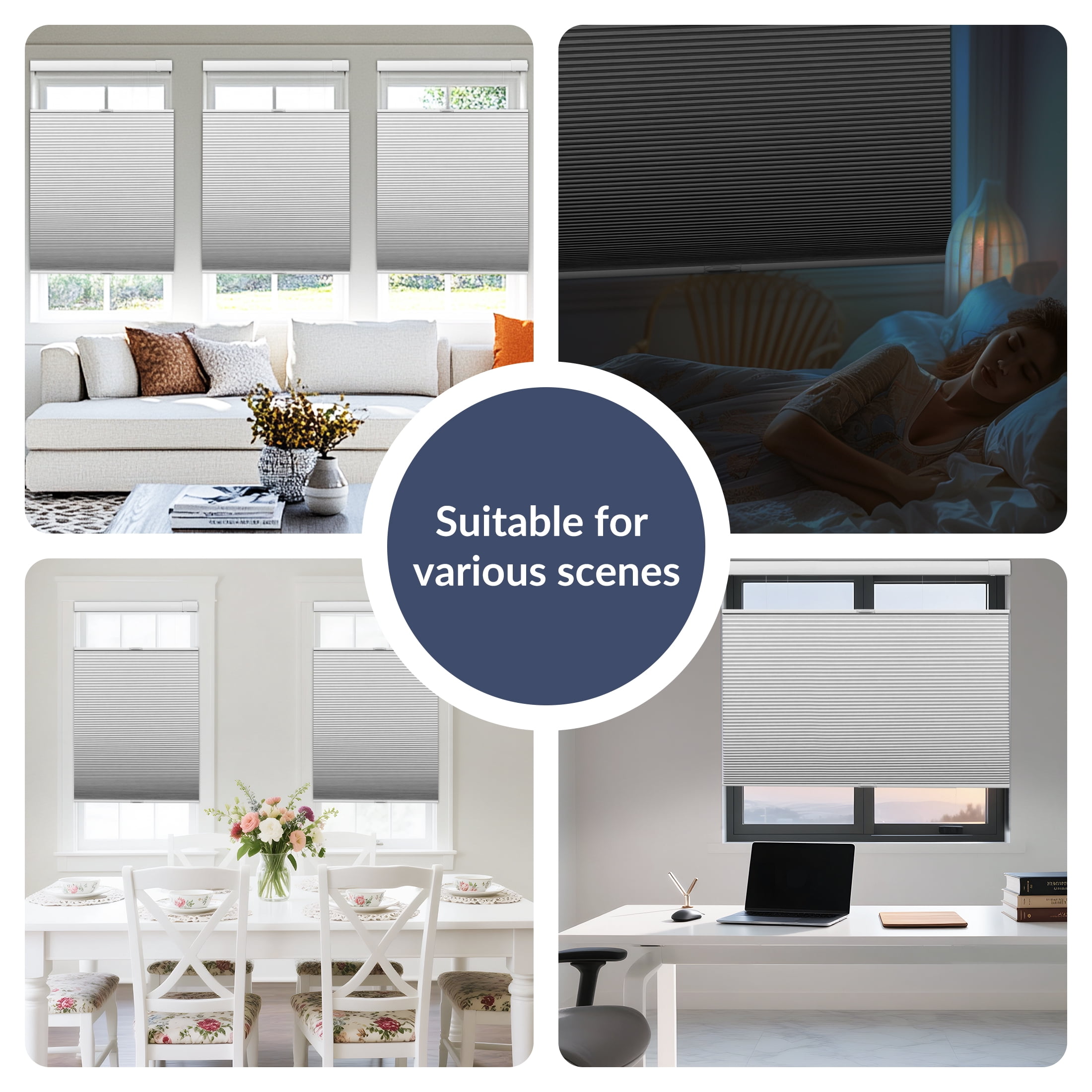 ZimJAHO No Drill No Tools Cellular Shades Cordless Top Down Bottom Up Honeycomb Blinds Blackout Window Blinds Easy to Install, Blackout-White, 58"W x 48"H