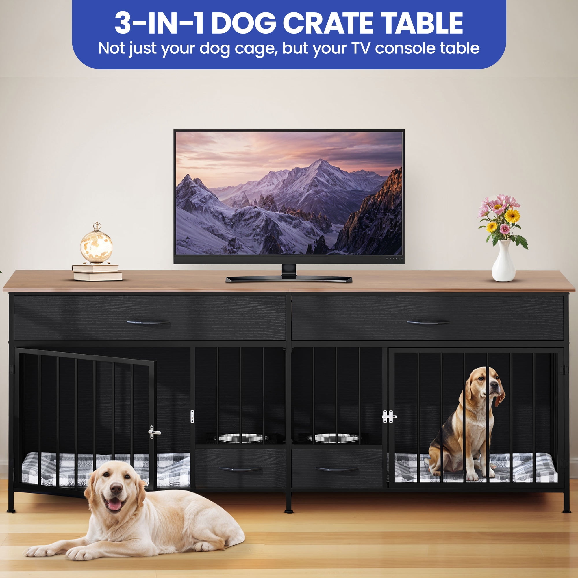 ModFusion 74" Black Double Dog Crate Furniture with 2 Drawers – Heavy-Duty Wood Pet Kennel & TV Stand for 2 Dogs, Lockable Doors, Modern Design