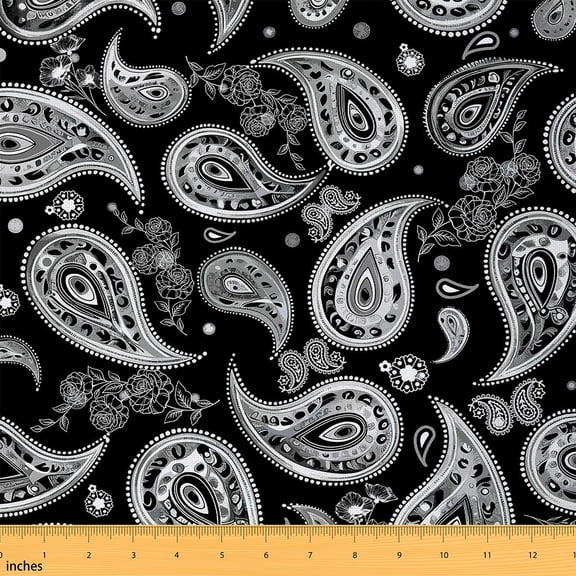 Feelyou Western Paisley Teen Fabric by the Yard 1 Yard, Black White Rose Home Decor Fabric by the Yard, Western Bohemian Sewing Fabric, Super Cozy Room Decor