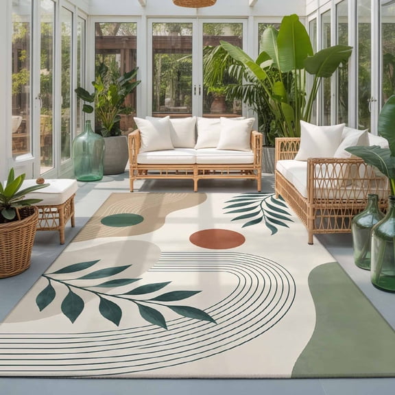Boho Botanical Washable Living Room Rugs 9'x12', Sage Green Eucalyptus Leaf Terracotta Abstract Arch Line Washable Throw Large Area Rug Non-Slip Edge Binding Carpet for Bedroom Dining Room Office