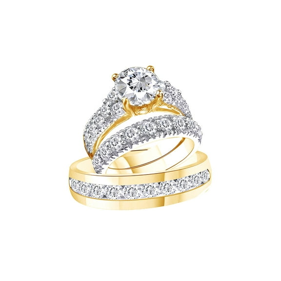 AFFY Round Cut White Cubic Zirconia Engagement & Wedding Trio Band Ring Set In 10K Solid Yellow Gold