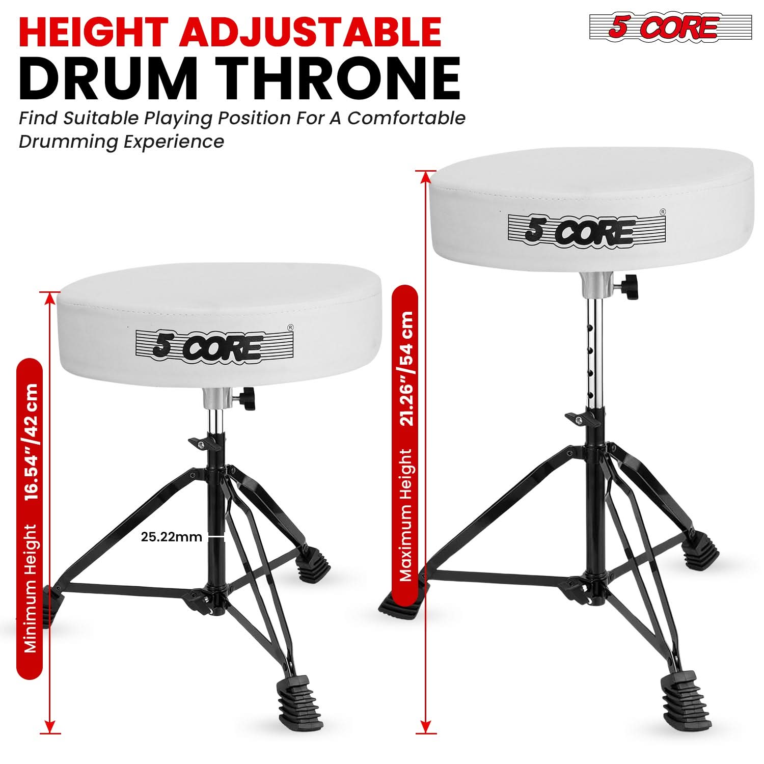 5 CORE Drum Throne Padded Guitar Stool Height Adjustable Music Chair Seat Universal for Adults & Kids with Anti Slip Rubber Feet - DS BLKCH WH