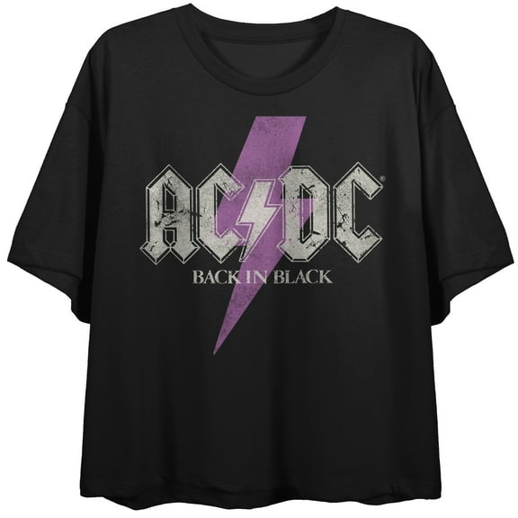 ACDC Back In Black Purple Lightning Bolt Logo Women's Black Cropped Tee-Medium