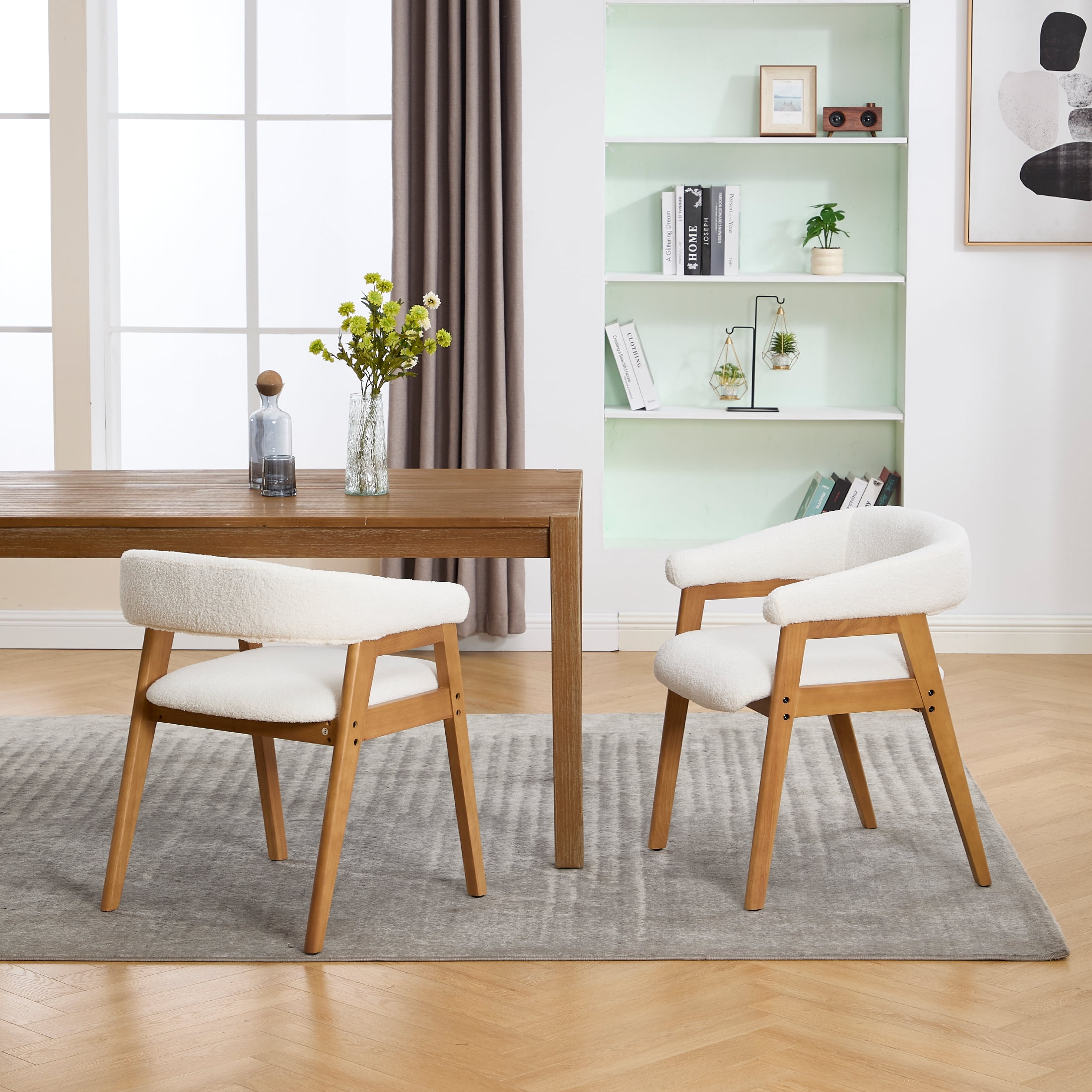Guyou Modern Dining Chairs Set of 2, Sherpa Upholstered Wooden Kitchen Side Chairs, Barrel Armchair with Curved Backrest for Dining Room Kitchen Living Room, White