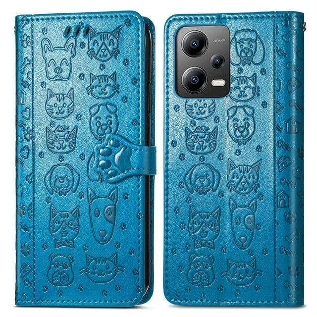 Funda Cartera FOXDOCK para XIAOMI POCO X5 , Flip PU con Relieve de Gatos y Perros, Tarjetero y Soporte